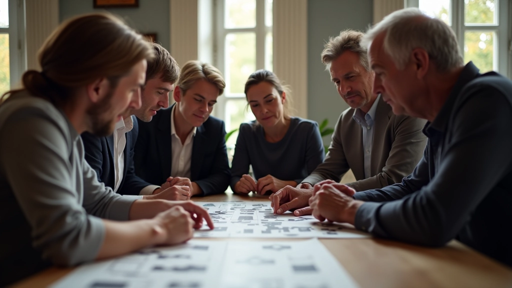 Team members solving riddle competition puzzle together in collaborative setting