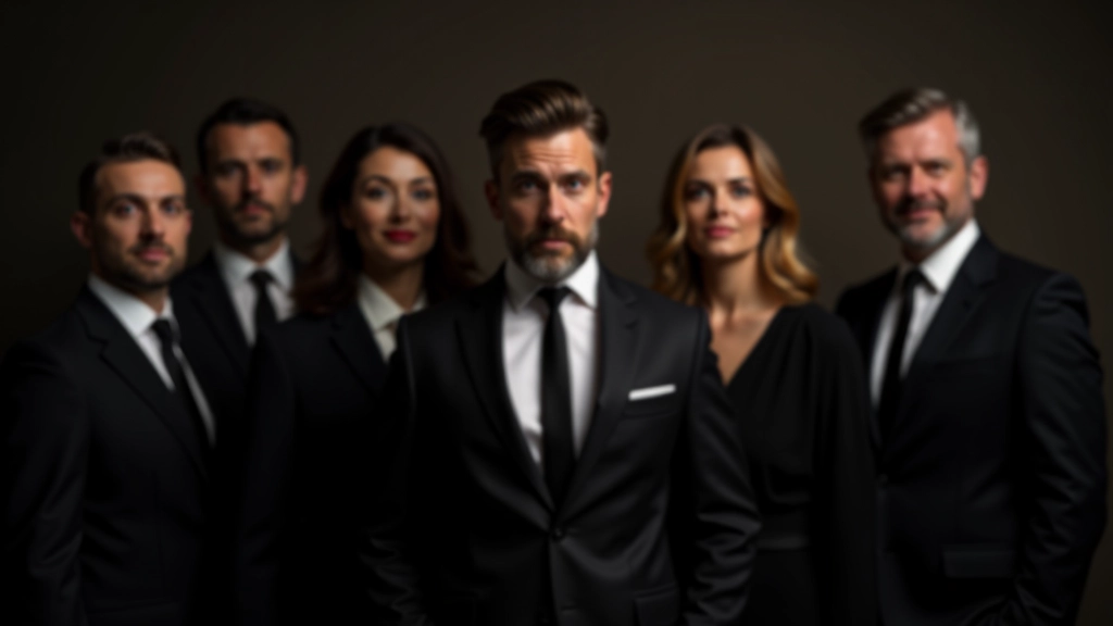 Adults in varied spy-themed costumes: formal black suits, elegant evening wear, and sophisticated character accessories displayed together