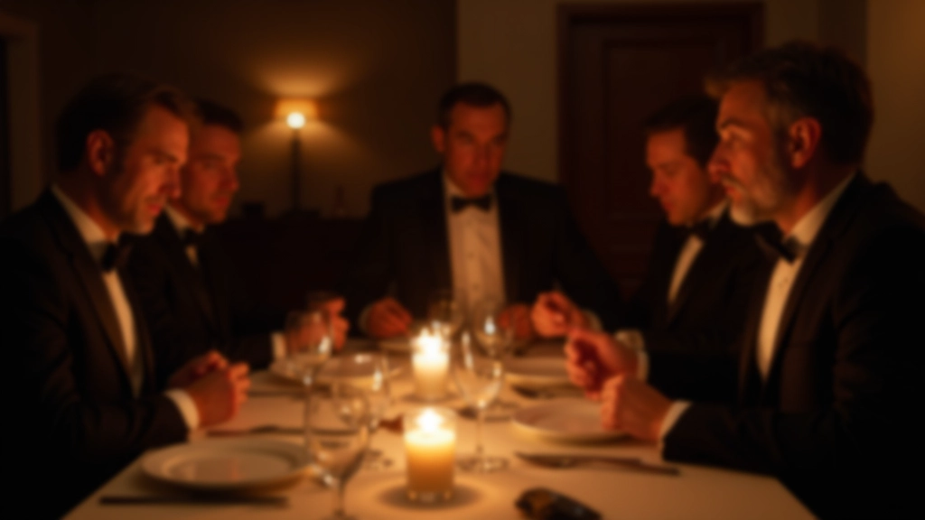 Sophisticated dinner guests in spy character costumes gathered around candlelit table, deep focus on facial expressions