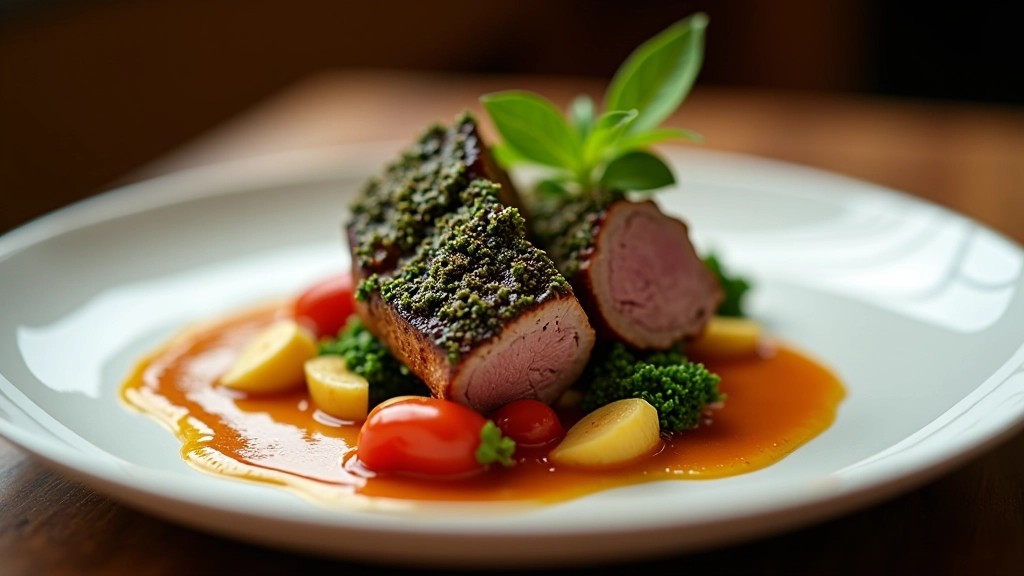 Elegant plated dinner course with herb-crusted meat, seasonal vegetables, and artistic sauce presentation on white plate