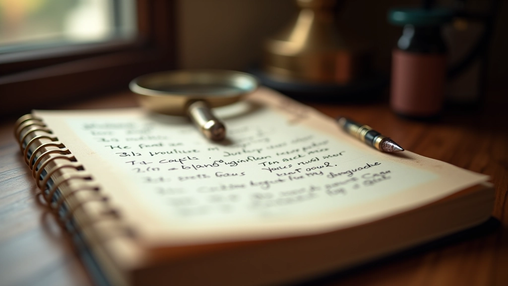 Open detective notebook with handwritten clues and investigation notes