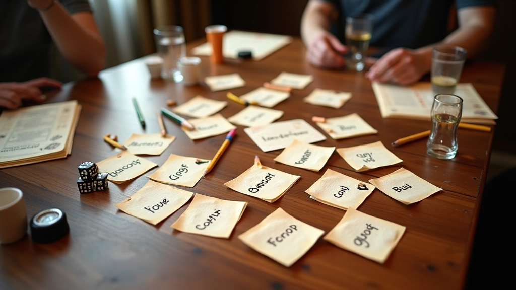 Table setup with notecards, dice, and game materials arranged for Mafia game night